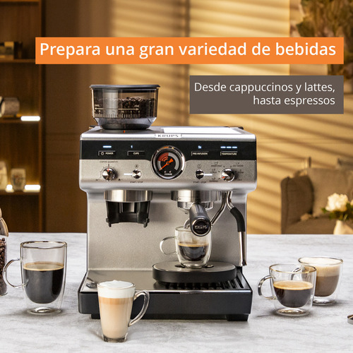 Cafetera Máquina de Espresso Manual Precision Essential, KRUPS 30 Niveles de molido, boquilla de vapor, salida para 1 o 2 tazas, incluye 2 filtros de acero inoxidable y tamper, XP801TU0