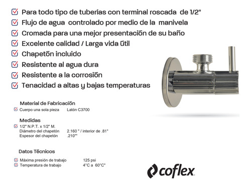 Llave Angular Maneral Palanca 1/4 Vuelta 1/2'' Cromada Coflex IP-138