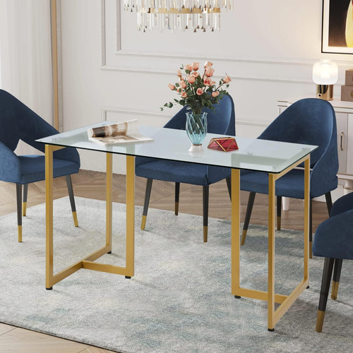 Mesa Rectangular De Vidrio Templado 47.2 Con Patas Doradas