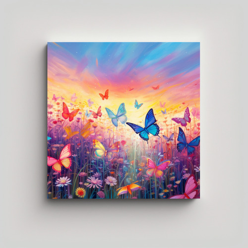 60x60cm Cuadro Mariposas Rosa En Prado Con Mariposas Grandes