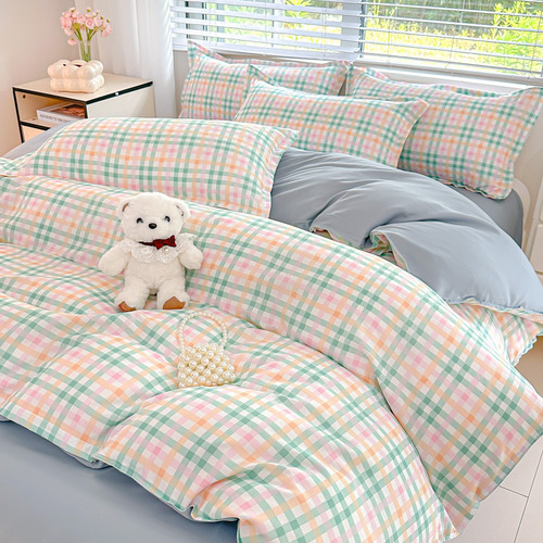 1 Juego De Sábanas Con Estampado A Cuadros, Juego De Cama Ta