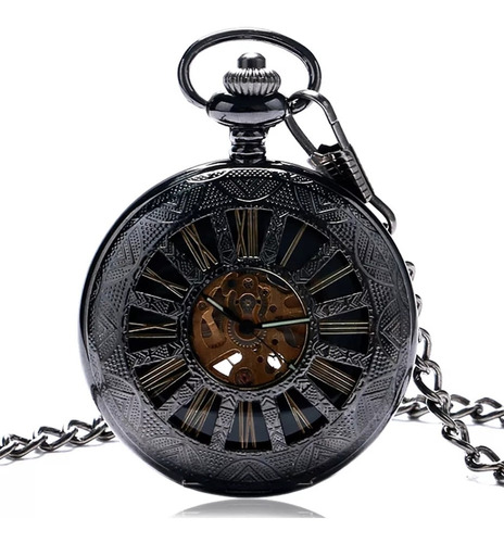 Reloj De Bolsillo Analogico Mecanico Negro Romanos Dorados