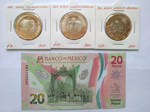 Billete & 3 Monedas 2021 Independencia Tenochtitlan Marina