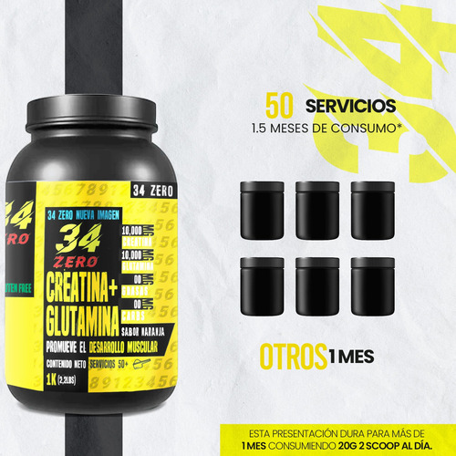Suplemento Creatina + Glutamina 34 Zero 1 Kg 50 Servicios Naranja