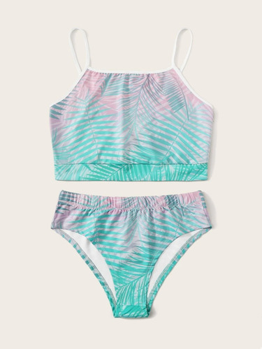 Set De Bikini Con Tira Spaghetti Con Estampado De Palma