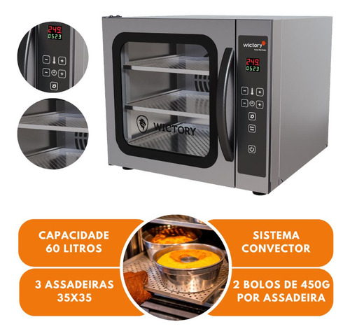 Forno Mini Convector 60 Lt Para Bolo 3 Assadeiras Wictory