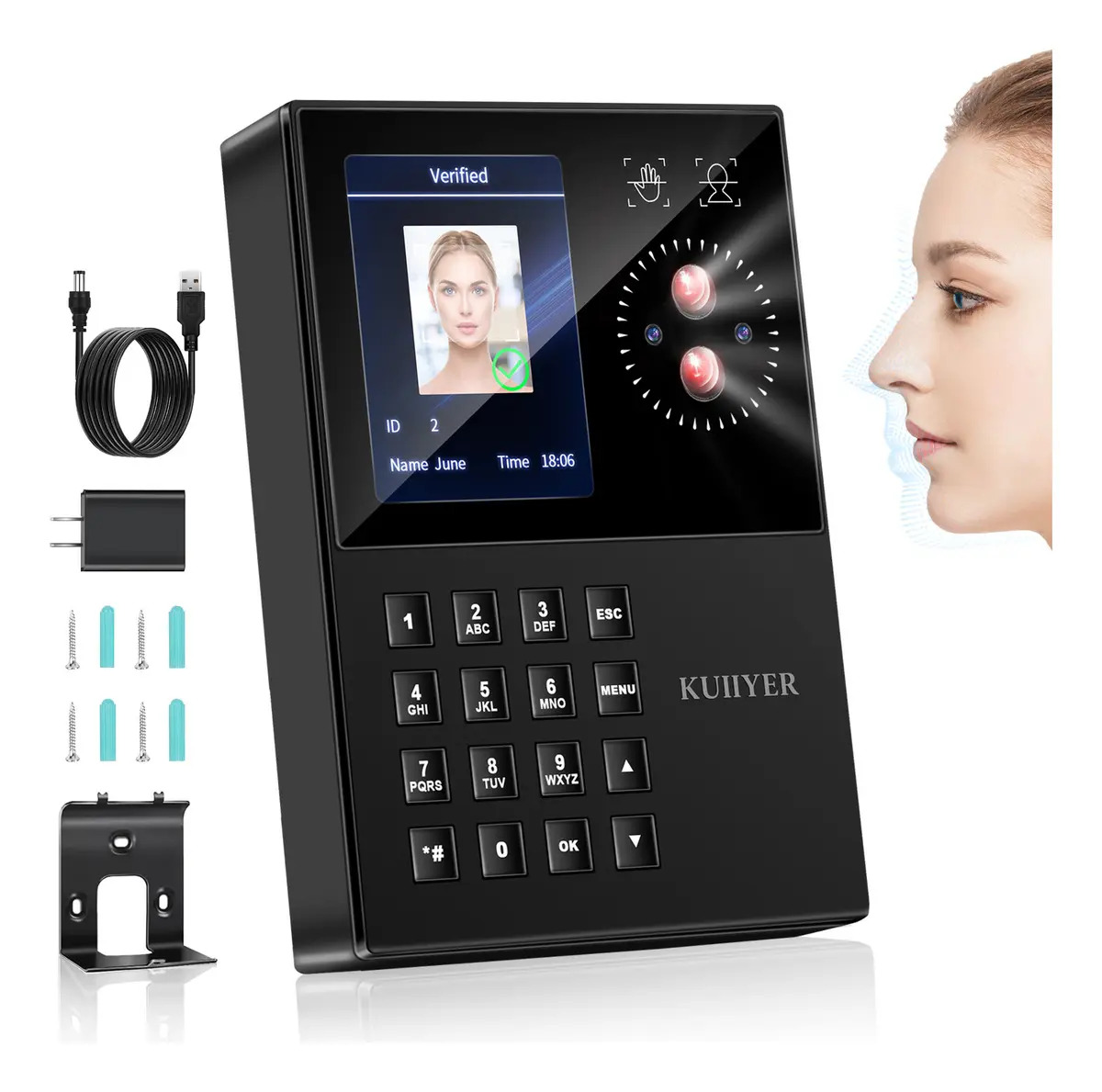 Kuiiyer Reloj Checador 3 en 1 Reconocimiento Facial y Vena Palmar USB