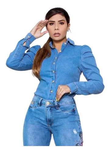 Camisa jeans sales feminina com lycra