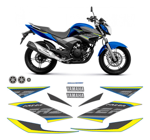 Kit Adesivos Yamaha Fazer 250 2017 2018 Moto Azul + Emblemas