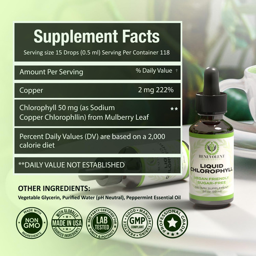 Elfleaf Benevolent Gotas De Clorofila Líquida Desintoxicación Orgánica Y Apoyo Inmunológico, Desodorante Interno Y Suplemento Para La Salud De La Piel 59ml,sabor Menta Natural
