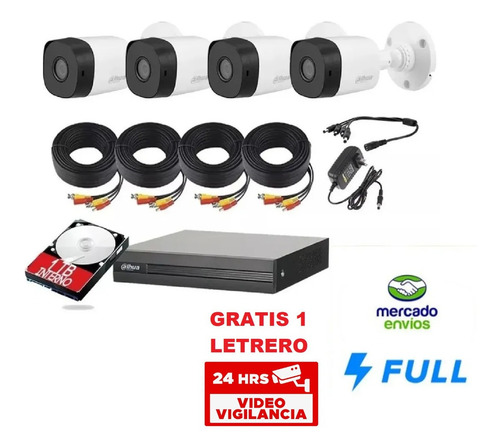 Imagen 1 de 7 de Kit Circuito Cerrado 4 Cámaras Fhd Dahua Dvr 8 1080p 1 Tb