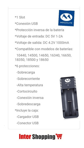 Imagen 5 de 7 de Cargador Intelig. 1 Slot 18650 Li-ion Litio Megalite P101u