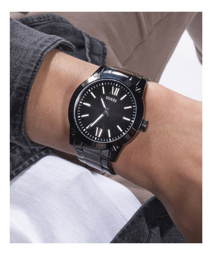 Reloj Para Hombre Guess Crescent De 44 Mm, Correa Negra, Esfera Negra