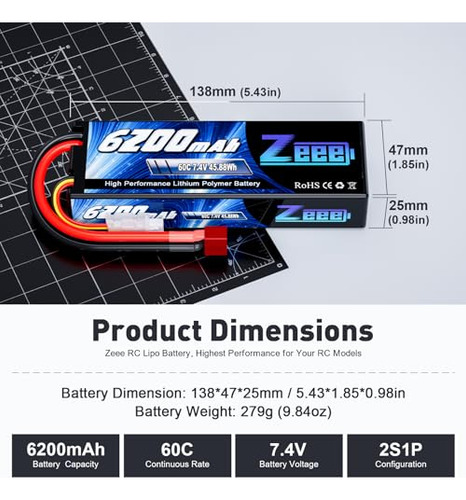 Batería Lipo Zeee 2s 6200mah 7.4v 60c En Estuche Rígido Con