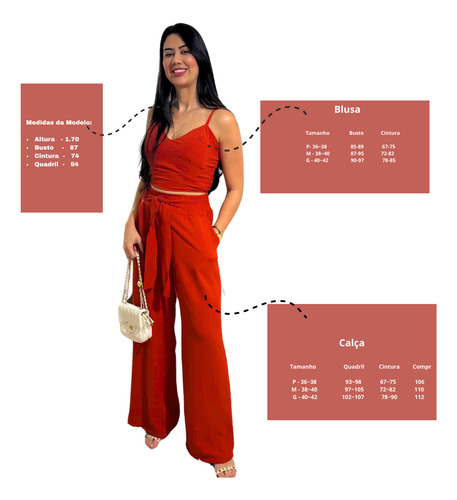 Conjunto Calça Pantalona Alfaiataria Blusa Bojo Alça Reguláv