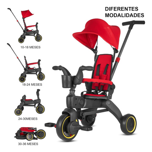 Triciclo Tipo Carriola Plegable Po Reclinable 4 En 1 Ajustab Rojo