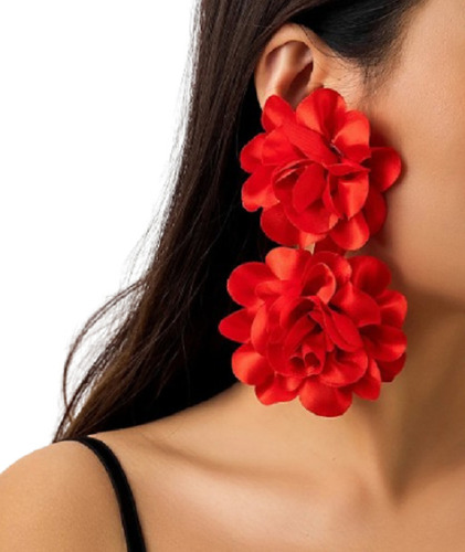 Luxo Maxxi Brinco Comprido Flor Vermelha 2 Flores 13 Cm