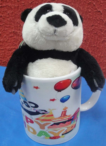 Presente Caneca + Urso Panda 15cm Pelúcia Feliz Aniversário