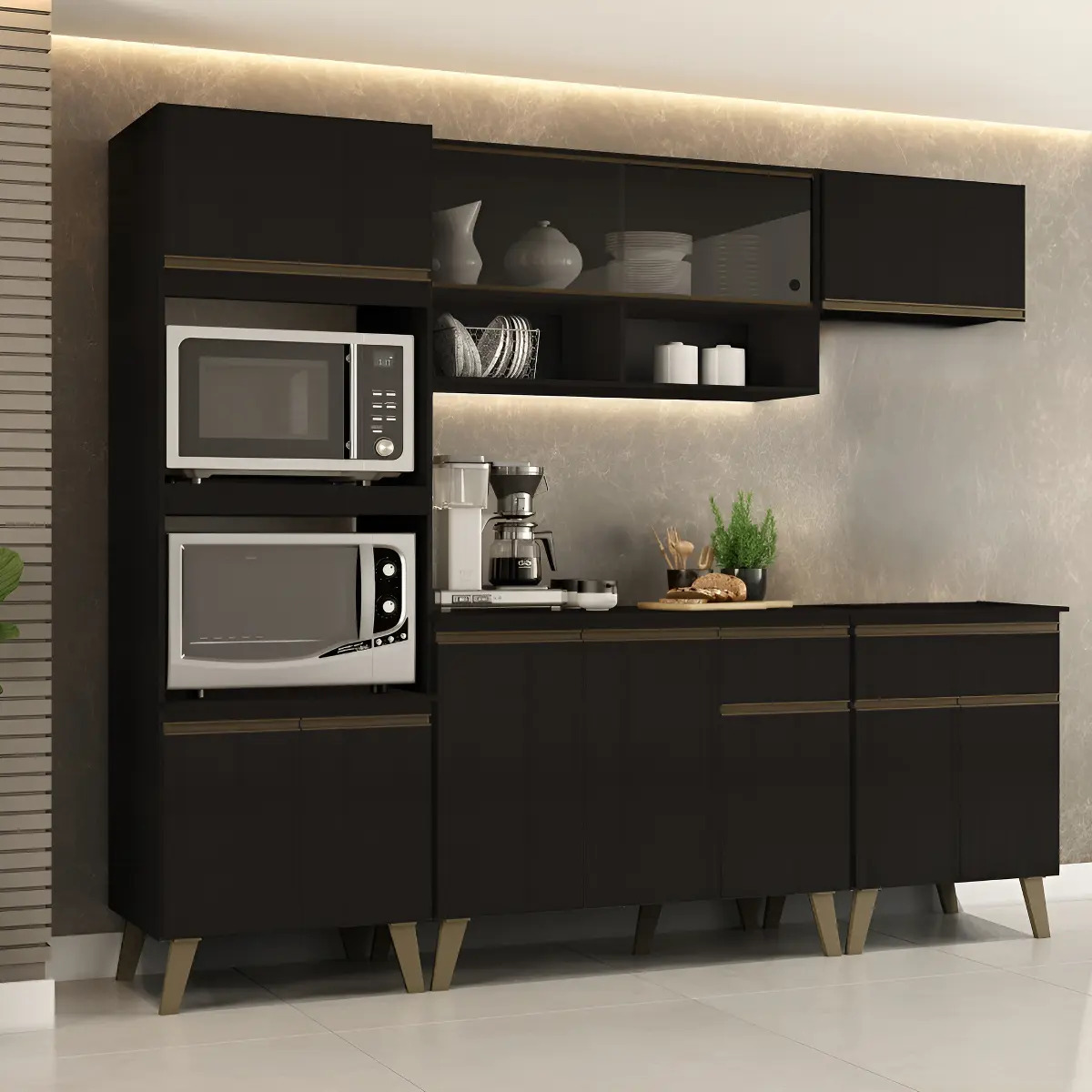 Armário De Cozinha Completa Atlanta Prime Carraro Preto Touch
