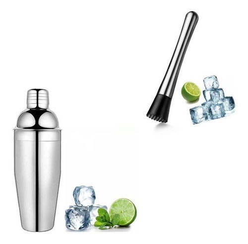 Coqueteleira Inox 500ml + Socador/macerador - Kit Caipirinha