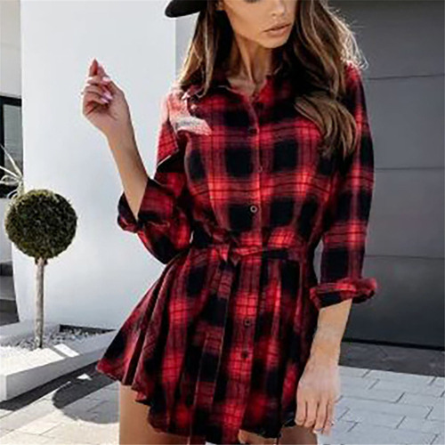 Vestido Y Mujer Estampado Con Botones Escoceses Y Cuello Vol