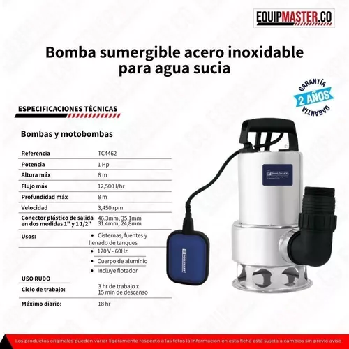 Bomba sumergible 1 HP para agua sucia TC4462 Toolcraft