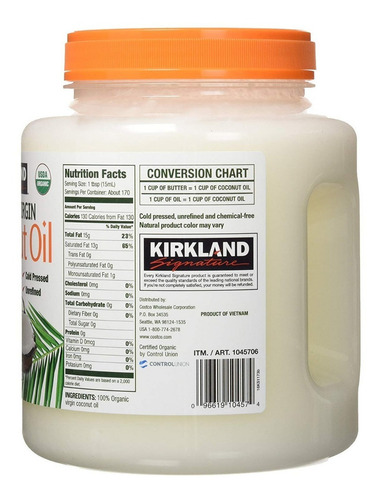Aceite De Coco Orgánico Virgen, Comestible, Kirkland 2.29 Kg