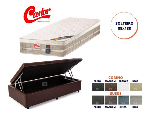  Cama Box Baú Solteiro + Colchão Castor Firme 88x188 Cor Corino Marrom