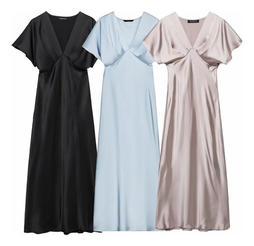 Vestido Midi Largo De Satén Negro Drapeado Mujer 2025