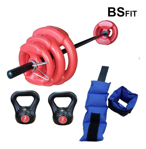 Imagen 1 de 9 de Kit Rosa Set 17 Kg Bsfit Discos Tobilleras Pesas Rusas Barra