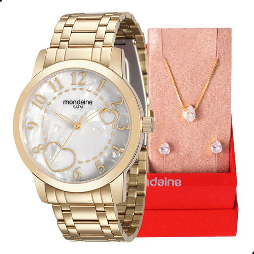 Relogio Feminino Mondaine Dourado Madre-perola + Kit Cor do fundo Branco