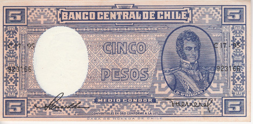 Imagen 1 de 2 de Billete 5 Pesos Chile 1958-1959 Maschke-herrera Cm Unc