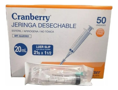 Jeringa Desechable Luer Slip 20ml 21g X 1 1/2 Caja 50 Unid.