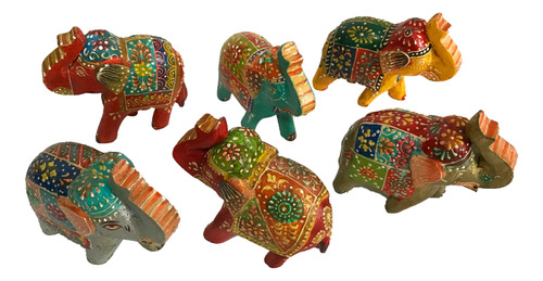 Elefante Decorativo  Pack X6 Hindú Artesanal De Madera 8796