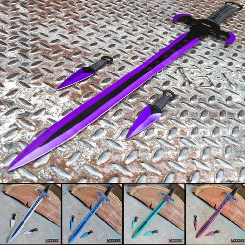 Espada Recta Ninjato De 70 Cm De 2 Filos Y Kunais 