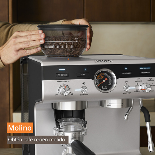 Cafetera Máquina de Espresso Manual Precision Essential, KRUPS 30 Niveles de molido, boquilla de vapor, salida para 1 o 2 tazas, incluye 2 filtros de acero inoxidable y tamper, XP801TU0
