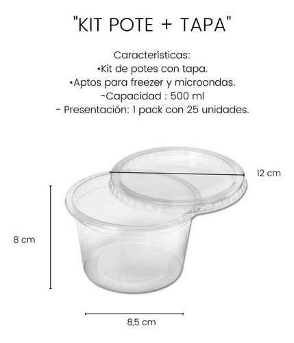 Imagen 3 de 10 de Kit Pote Con Tapa Plástico Descartable 500 Ml X 25 Copobras