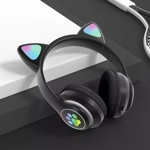 Audífonos De Gatito Diadema Negra Bluetooth Con Luz Led