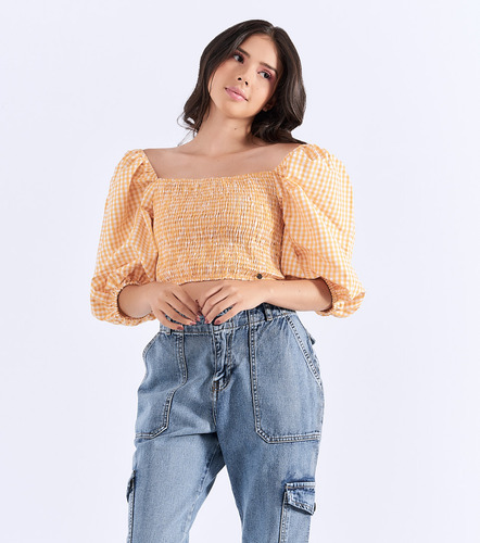 Crop Top Para  Mujer Con Volumen En Mangas Poli Typer