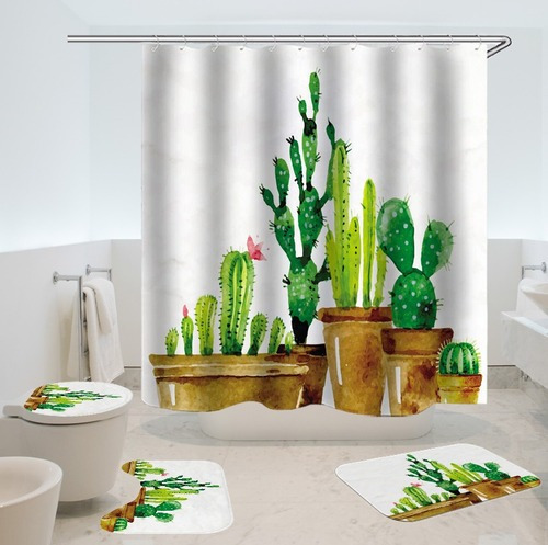 Cortina De Baño Y 3 Juegos De Baño, Diseño De Cactus