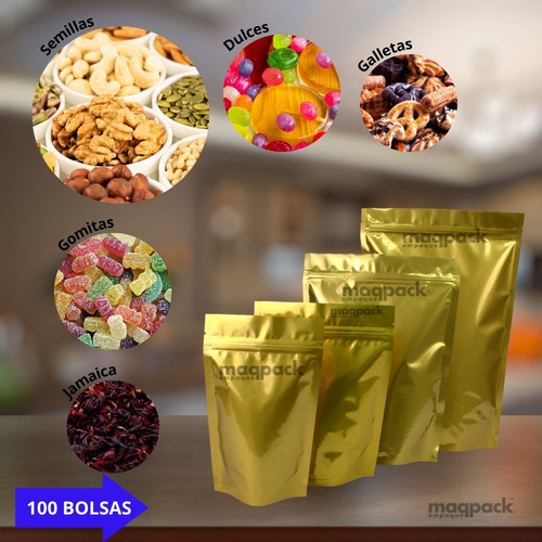 100 Bolsas Stand Up Pouch Con Cierre Dorada De 150 Grs