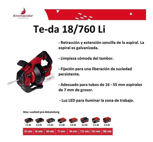 Destapa Cañerías Einhell A Batería Te-da 18/760 Li Solo