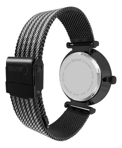 Reloj Para Mujer Análogo Steiner 40 Mm Diseño Tejido 3 Atm Correa Negro Bisel Negro Fondo Blanco