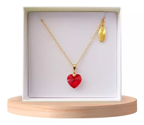 Collares de Acero Inoxidable para Mujer doble cadenas con dije de corazon  cristal roja