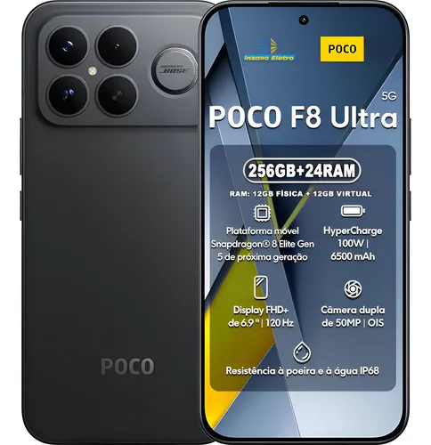 Smartphone POCO F8 Ultra preto com tela frontal exibindo especificações e traseira com módulo de câmera quádrupla e logo POCO.