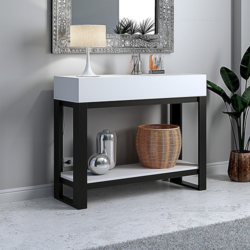Mueble recibidor con cajon melamina linea Bobardi color blanco con detalle negro Ciudad Muebles 304