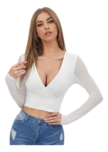 Top Corto Casual Blusa Manga Larga Malla Cuello Cruzado W