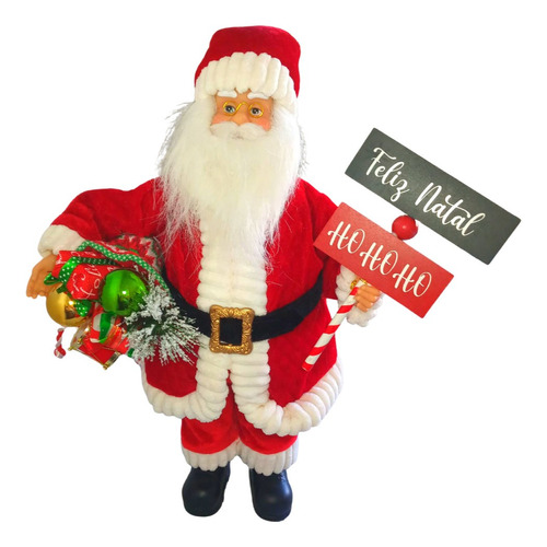 Papai Noel Com Placa Feliz Natal Ho Ho Ho E Presentes 46cm