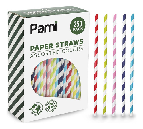 Pami Paper Straws Assorted Colors [250- Pack] - 100% Biod...