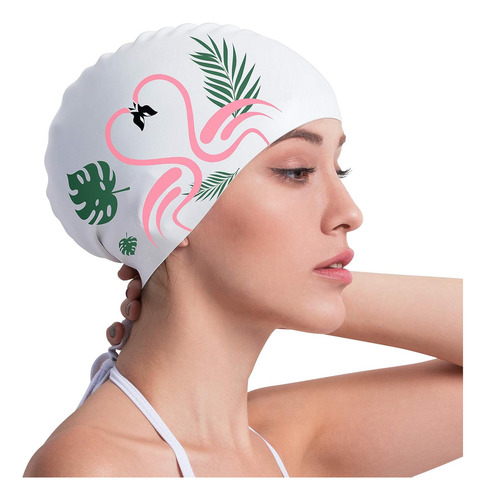 Gorro Para Natacion Copozz, Silicona, Blanco Con Flamencos